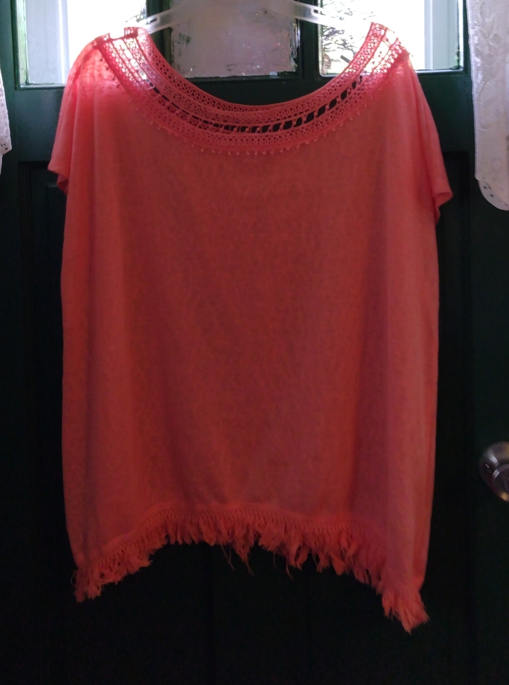 Cato Coral Crochet Neck Fringe Hem Top